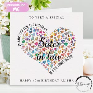 Carte d'anniversaire personnalisée belle-soeur Merci pour des millions de choses coeur - tout âge 21, 25 30 40 45 50 60 60 65 70