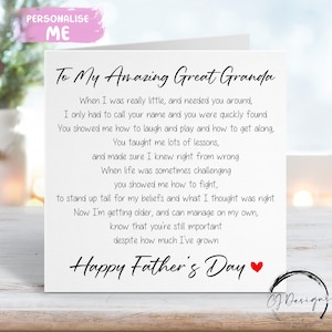 Great Granda Poem Vatertagskarte, - Verskarte mit rotem Herzen JEDE WORDING kleine oder große Karte