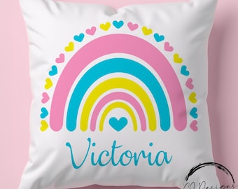 Personalised Rainbow Cushion for Girls, Custom Blue Name Pillow, Bright Kids Room Decor, Nursery Pillow, Toddler Birthday Gift, Pink Yellow