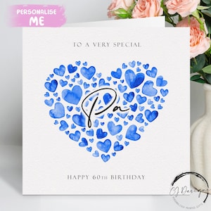 Biglietto di auguri di compleanno personalizzato, cuori blu QUALSIASI TESTO /ETÀ/ 30° 35° 40° 45° 50° 60° 65° 70° 75° 80° 85° 90° 95° 100°
