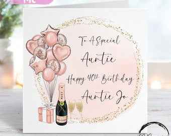 Tarjeta de cumpleaños personalizada para tía, globos temáticos de oro rosa y oro, cualquier edad 18, 19, 20, 21, 30, 40, 50, 60, 70, 80, 90, 100