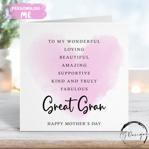 Great Gran Mothers Day Card Quote - Bevestigingskaart met roze hart ELKE BEWOORDING