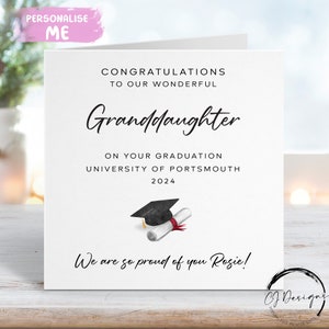 Gepersonaliseerde afstudeerkaart voor kleindochter - met pet en scroll - voor mijn/naar onze naam en universiteit ELK JAAR