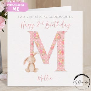 Cartão de aniversário personalizado para afilhada, nome inicial e data, cartão de felicitações do alfabeto do coelho rosa, 1º, 2º, 3º, 4º, 5º, 6º, lembrança