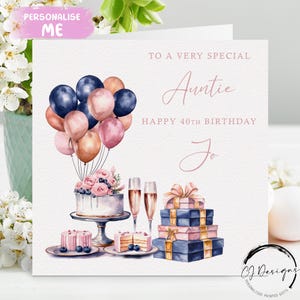 Carte d'anniversaire personnalisée en or rose, rose, bleu, cadeau et ballons tout âge/nom 18ème 21ème 30ème 35ème 40ème 50ème 60ème 65ème 70ème 75ème 80ème