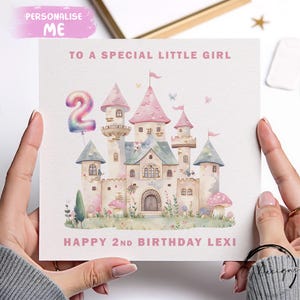 Cartão de aniversário personalizado para menina, balão de castelo rosa para idade 1º 2º 3º 4º 5º 6º 7º 8º 9º 10º Menina de 1 a 10 anos