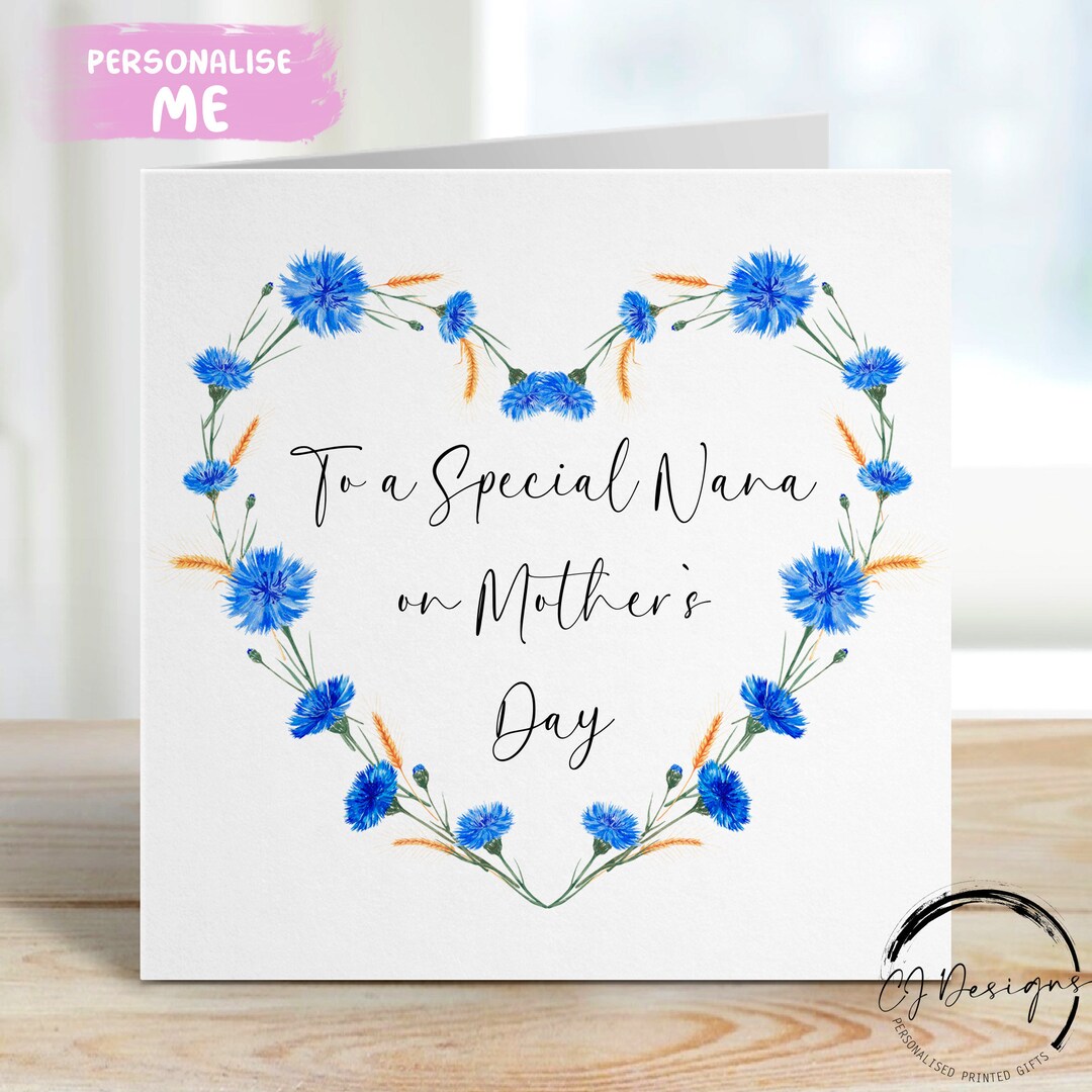 Nana Mothers Day Card -blue Flower Floral Heart Wreath Butterfly Wreath ...