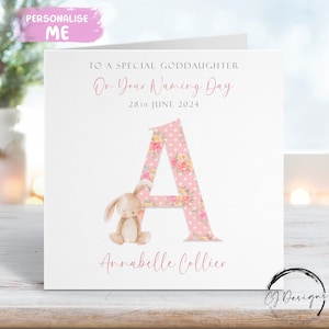 Personalisierte Patenkind Naming Day Card, Initial Name und Datum Bunny Grußkarte, Naming Day Day Andenken für Sie