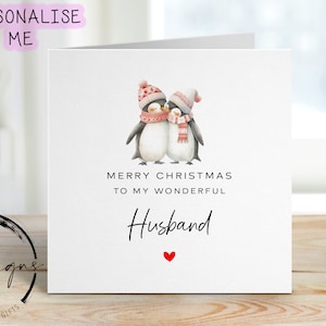 Biglietto di Natale per marito - Biglietto di coppia di pinguini innamorati e cuore rosso