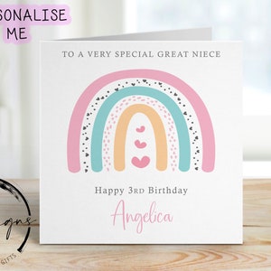 Carte d'anniversaire personnalisée petite nièce - carte de voeux arc-en-ciel rose - carte pour elle tout âge/nom 1er, 2e, 3e, 4e, 5e, 6e, 7, 8e, 9e