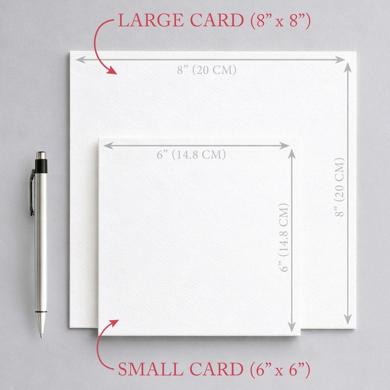 two different sizes of cards, with a pen and a ruler placed next to them. The larger card is labeled as a "Large Card (8" x 8") and the smaller card is labeled as a "Small Card (6" x 6") based on the provided dimensions.