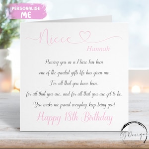 Personalised Niece Birthday Card- Poem, Quote Card- Keepsake Coming of Age 16th 18th 21st 30th 40th 50th 60th