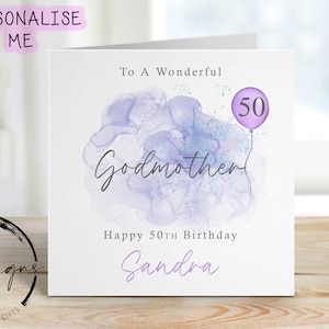 Cartão de aniversário personalizado para madrinha - Design roxo/azul com balão rosa - Cartão para ela, qualquer idade e nome - 30º-40º 50º 60º 70º