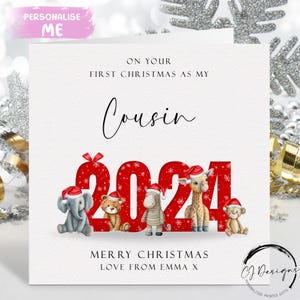 Cartão de Natal personalizado para primos 2024 - Safari Animals First Christmas As My Card