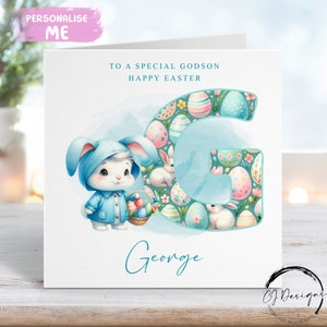 Carte de Pâques personnalisée filleul avec initiale et nom - Illustration de petit garçon Lapin de Pâques avec panier - Carte pour lui