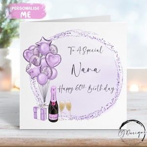 Carte d'anniversaire personnalisée Nana à thème violet ballons tout âge 40e 50e 60e 70e 80e 90e 100e 65e 75e 85e