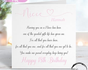 Personalised Niece Birthday Card- Poem, Quote Card- Keepsake Coming of Age 16th 18th 21st 30th 40th 50th 60th