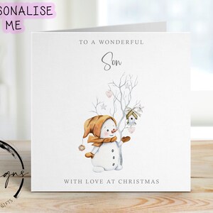 Wonderful Wonderful Son Christmas Card - Cute Snowman and Tree with Hearts Minimal Cards