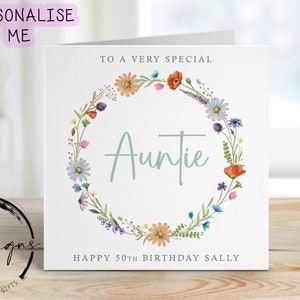 Carte d'anniversaire personnalisée tante - couronne de fleurs sauvages - tout âge/nom, carte de voeux 21, 30, 40, 50, 60, 70, 80, 90