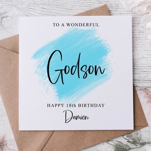 Carte d'anniversaire filleul personnalisée, membre de la famille spécial, joyeux anniversaire, carte d'âge pour lui 30, 40, 50, 60, 70 ans, tout âge et nom Med/Lrg