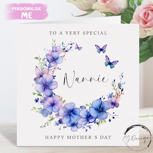 Carte de fête des mères nounou, couronne de papillons floraux violets, toute formulation, grande ou petite carte - votre message à l'intérieur