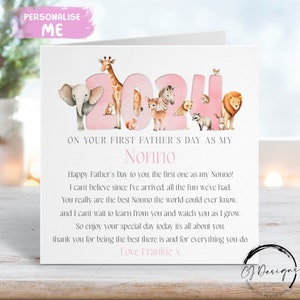 Carte personnalisée Nonno pour la fête des pères - Couleur rose arche de Noé thème animal Première fête des pères comme mon poème - Prénom n'importe quelle expression 1ère fête des pères
