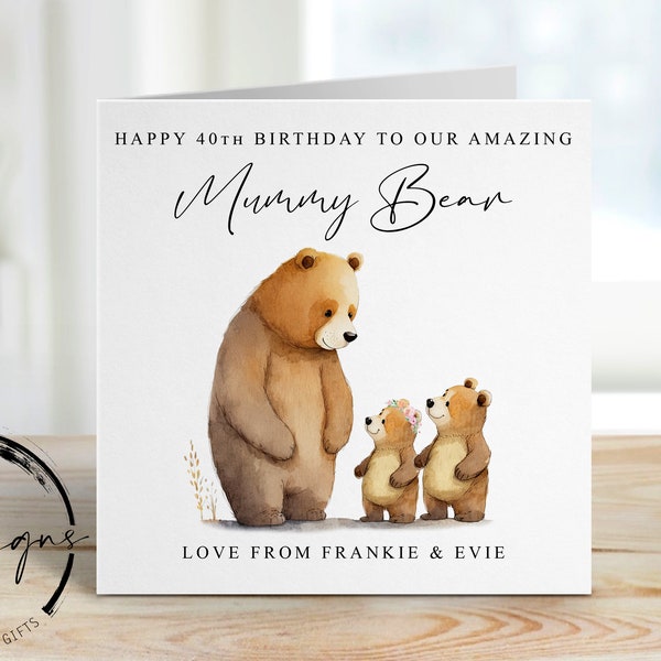 Personalised Mummy Birthday Card from upto 3 Children - Mammy Bear and cubs- Card For Her, Mum, Mam, Mom, Mummy, Mammy, Mommy 30th 40th