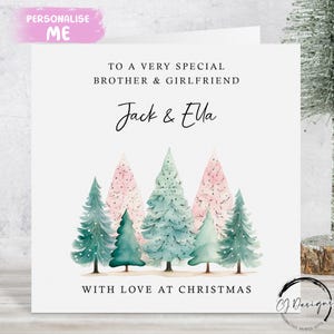 Carte de Noël personnalisée pour frère et petite amie Carte de Noël pour couple avec arbres de Noël roses et verts avec noms