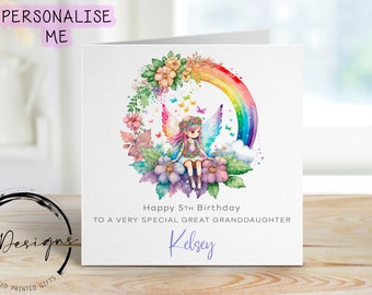 Personalised Great Granddaughter Fairy Birthday Card with Name & Age- Flower Rainbow Wreath Card For Her 1st 2nd 3rd 4th 5th 6th 7th 8th 9th