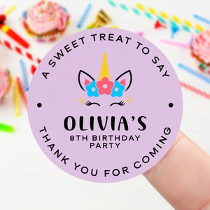 Personalised Unicorn Birthday Stickers -Birthday Party Bag Thank You Sticker  Name and Age - Sweet Cone Stickers 37mm/45mm /51mm/64mm Kids