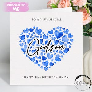 Biglietto di auguri di compleanno personalizzato per figlioccio, cuori blu QUALSIASI TESTO /ETÀ/ Nome 13° 14° 15° 16° 17° 18° 21° 25° 30° 40° 45° 50° 60° 70°