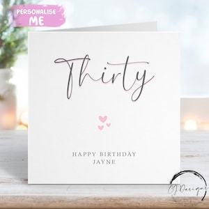 Carte personnalisée du 30e anniversaire - Carte de voeux calligraphie imprimée rose et gris Tout âge 16e 18e, 30e, 40e 50e 60e, 70e, 80e, 90e,
