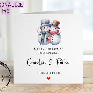 Personalisierte spezielle Enkel & Partner Weihnachtskarte -Schneemann Paar Karte und rotes Herz
