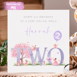 Carte d'anniversaire personnalisée pour nièce avec une fée violette - 2e anniversaire de petite fille