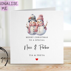 Personalisierte Nichte & Partner Weihnachtskarte - Schneemann Weibliche Paar Karte und Rotes Herz