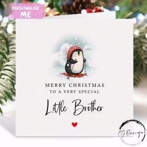 Biglietto di Natale per fratellino - Biglietto di Natale con pinguino che scia sulla neve