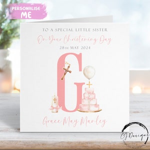 Tarjeta de bautizo personalizada para hermanita, tarjeta de felicitación con nombre inicial y fecha, recuerdo del bautizo para ella.