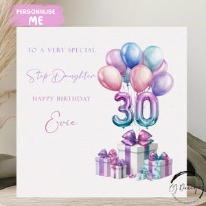 Gepersonaliseerde stiefdochter verjaardagskaart Elke leeftijd/naam Pastelkleurige veelkleurige nummerballonnen 15e 16e 17e 18e 21e 25e 30e 40e 45e 50e