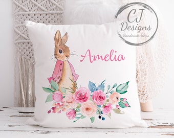 Girls Personalised Flopsy Rabbit Cushion, Home Decor, Baby Girl Gift, Floral Design, White Super Soft Cushion Cover Peter Rabbit