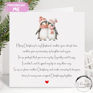Cartão de Natal com Poema de Marido - Cartão de Casal de Pinguins Apaixonados e Coração Vermelho