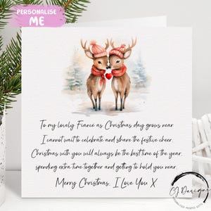 Biglietto di Natale con poesia per fidanzato o fidanzata - Biglietto con coppia di renne amorevoli e cuore rosso