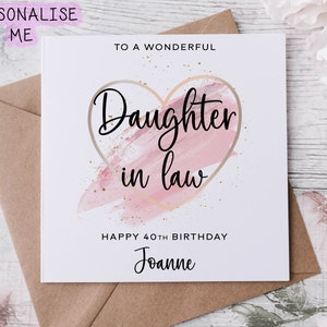 Carte d'anniversaire personnalisée pour belle-fille avec coeur sur le thème rose et carte de visite pour elle 30e, 40e, 50e, 60e, 70e, 80e