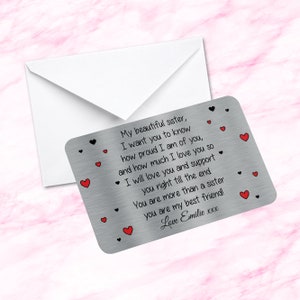 Carte portefeuille en métal personnalisée souvenir sentimental, citation sur une soeur, cadeau meilleur ami pour elle