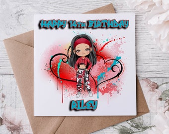 Personalised Teenager Birthday Card, Card for Her Any Age, Name 12th 13th 14th 15th 16th 18th 21st  You choose Hair, Eye Colour Skin Tone