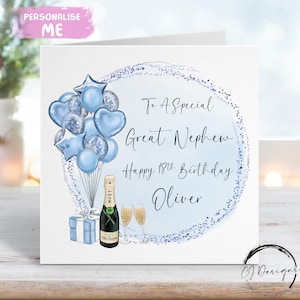 Cartão de aniversário personalizado para sobrinho-neto, tema azul, balões, qualquer idade, 14, 15, 16, 17, 18, 19, 20, 21, 25, 30, 40, 50, 60