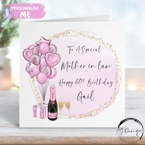 Carte d'anniversaire personnalisée belle-mère - thème rose et or avec des ballons tout âge 40e 50e 60e 70e 80e 90e 100e 65e 75e 85e