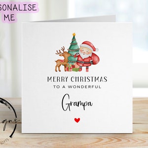 Tarjeta de Navidad del abuelo: árbol de Navidad con Papá Noel y renos