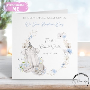 Tarjeta de bautismo personalizada para sobrino nieto, corona floral, tarjeta de felicitación con nombre y fecha, recuerdo del día del bautismo.