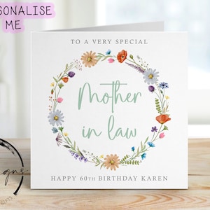Carte d'anniversaire personnalisée belle-mère - couronne de fleurs sauvages - tout âge/nom, carte de voeux 40e, 50e, 60e, 70e, 80e, 90e, 100e