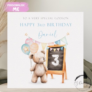 Cartão de aniversário personalizado Godson Bear - Urso de pelúcia fofo com balões Qualquer idade e nome para ele 1º 2º 3º 4º 5º 6º 7º 8º 9º